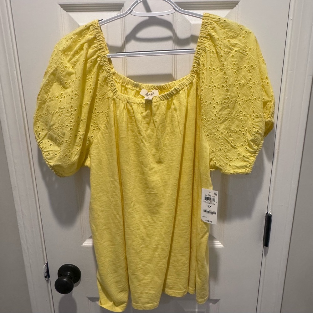 Style & Co. Yellow Eyelet Puff Sleeve Blouse